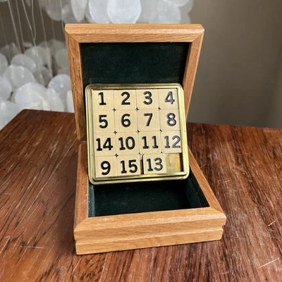 Vintage Brass 15 Puzzle Sliding Tile Game in Wood Box Logic Brain Teaser Gift - Image 1 of 4