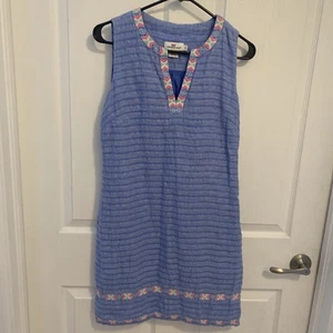 Vineyard Vines Blue Linen Embroidered Stripe Sleeveless Shift Dress Size 6 - Picture 1 of 7