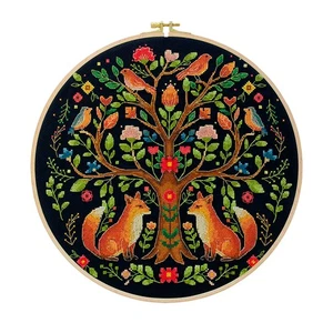 Cross Stitch Kit “Tree of Life with Foxes” – DIY Embroidery Kit with Animals - Picture 1 of 9