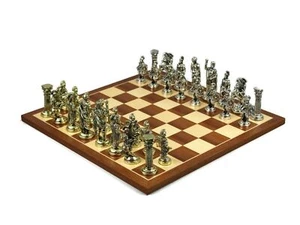 Chess Set Mahogany & Maple Board With Metal Chess Pieces 20" - Picture 1 of 7