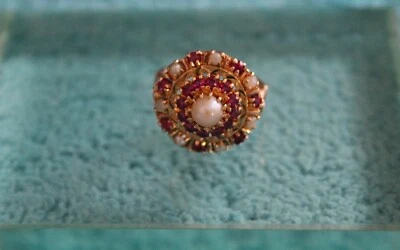 Antique 10k Yellow Gold Ruby Pearl Cluster Ring Size 8 - Image 1 of 4