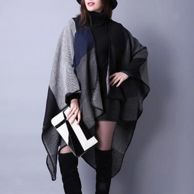 Plaid Knitted Fashion Cape Blanket Women Winter Wrap Poncho Open Front Shawl new - Image 1 of 4
