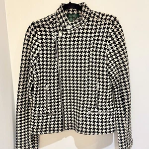 Lauren By Ralph Lauren Vintage Houndstooth Lambswool Biker Sweater MED EUC Zip - Picture 1 of 6