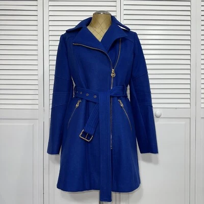 Michael Kors Asymmetrical Belted Walker Coat extra small royal blue gold hardwar - Image 1 of 4