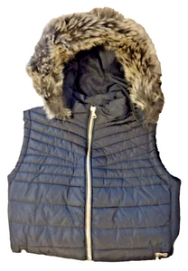 Snobbish Puffer Vest Women's Black Zipper Pockets Isadora Fur Trimmed Hood - Picture 1 of 5