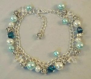 Silver Plated Blue White Pearl Crystal Flower charm bracelet Mothers day gift - Picture 1 of 3