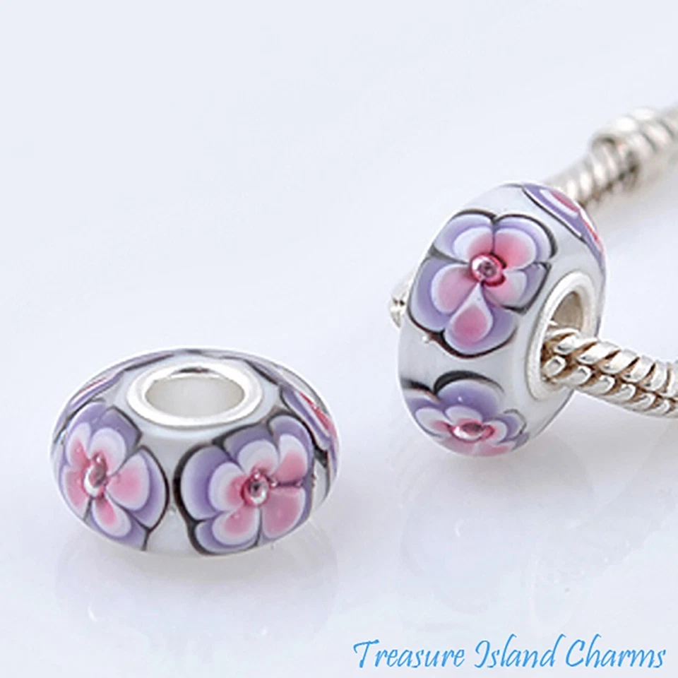Pink Purple Pansy Flower Murano Glass 925 Sterling Silver European Bead Charm - Image 1 of 1