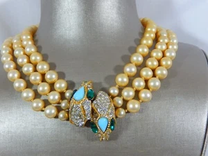 RARE KENNETH JAY LANE & LAGUNA DOUBLE SNAKE HEAD 3 ROW CHAMPAGNE PEARL NECKLACE - Picture 1 of 12