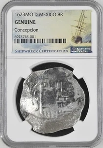 1623 Mo D Mexico 8 Reales Concepcion Shipwreck NGC Genuine Silver Cob Philip IV - Picture 1 of 13