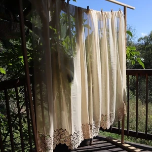 Antique Belgian Linen Curtain – 270 × 150 cm Swiss Linen Panel with Bruges Lace - Picture 1 of 8