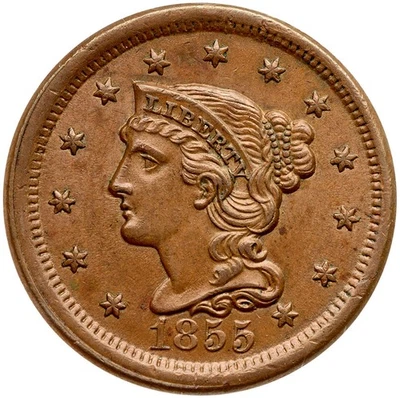 Moneda de 1 centavo grande cabello trenzado 1855 N-12 ANACS AU 55 c Foto 1 de 3