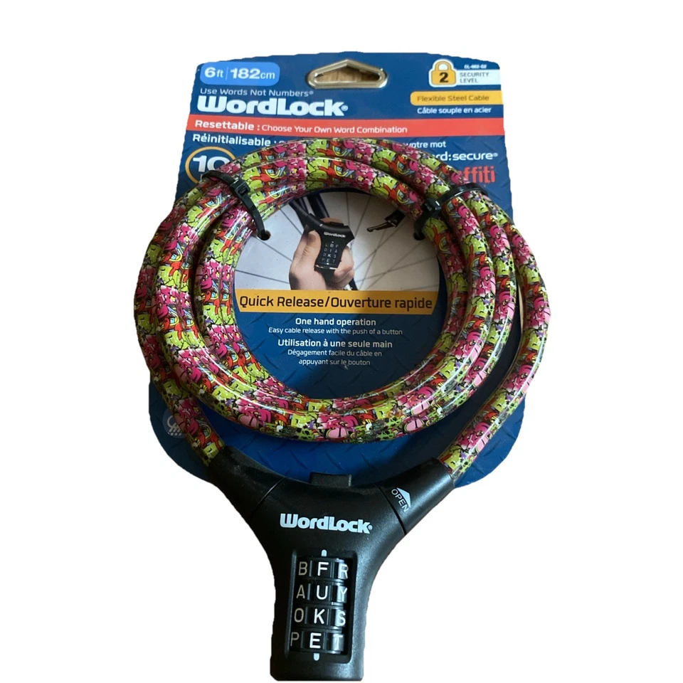 🚲 WordLock Quik Release Bike Lock, 10MM Pink Green Graffiti Series 🚲 NOVO - Imagem 1 de 1