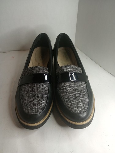 Mocassini donna Clarks Sharon Gracie comodi nero grigio tweed taglia 10 M usati in ottime condizioni