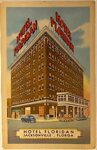 Jacksonville FL ~ Hotel Floridan ~ Old Cars ~ cartolina in lino stile deco Florida - Foto 1 di 2