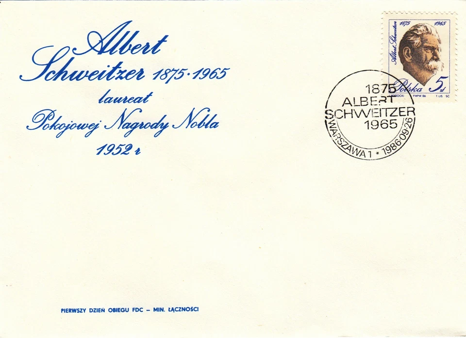 Poland FDC 1965 Albert Schweitzer, Nobel Peace Prize  - Image 1 of 1