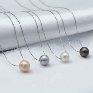 10-11MM Real Natural Akoya Round Pearl Floating Pendant Necklace 925 Chain 17'' - Picture 1 of 10