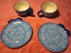 New~Set of 4 Snack/Lunch Set~Temptations~Cobalt/Sky Blue LG Cup & Plates w/ Bow