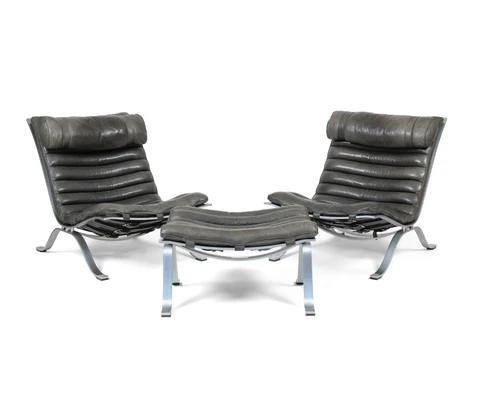 Pair Vintage Arne Norell Ari Lounge Chairs and Ottoman. Perfect Patina Leather Cover