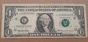 1999 $1.00 FEDERAL RESERVE NOTE SAN FRANCISCO LOW SERIAL # L00002123E - Picture 1 of 3