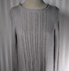 Lucky Brand Sz XS Greige Silver Metallic Layered Eyelet Knit Sweater Split Back - Picture 1 of 9
