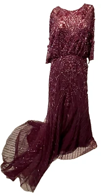 $6,495 Monique Lhuillier Collection Bead Embroidered Red Long Gown Dress US 10 - Image 1 of 4