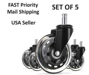 Set of 5 Office Chair Replacement Wheels Universal Rubber Heavy Duty 3" CLEAR - Picture 1 of 2