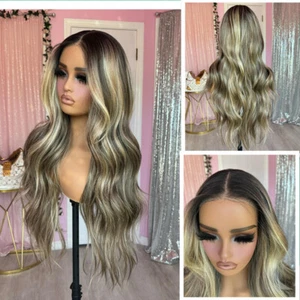 Pelucas de cabello humano frontal de encaje ondulado con reflejos rubios ceniza Balayage - Imagen 1 de 6