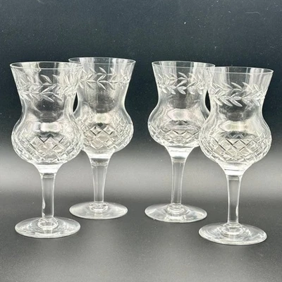 Scotland Cut Crystal Wine Glass Goblet Thistle Shaped Laurel Criss Cross X4 - Image 1 of 4