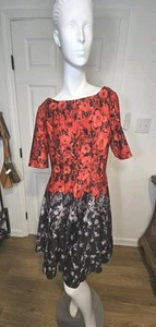 Julian Taylor Black Red Pleated Floral Dress Fit & Flare Women's Size 12 A-Line - Picture 1 of 10