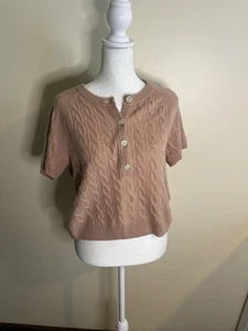 J. Crew Women’s Light Pink 100% Cashmere Short Sleeve Cable Knit Sweater Size M - Picture 1 of 7