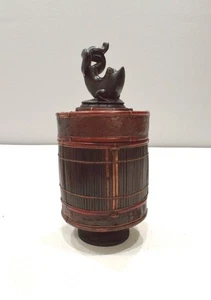 Basket Indonesian Palm Leaf Container Animal Wood Carving Top - Picture 1 of 6