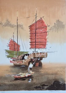 Robert E. Russell Chinese Junket Sailing Ship nautical art 63/295 HAND SIGNED - Picture 1 of 15