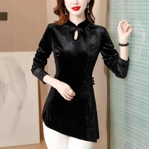 Black Lady Velour Top Velvet Shirt Cheongsam Blouse Frog Button Chinese Vintage - Picture 1 of 14