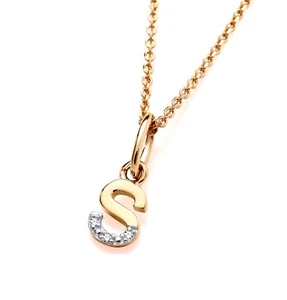 9ct Yellow Gold S Initial Real Diamond Pendant Necklace + 18 inch Chain - Picture 1 of 7