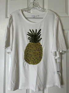 NWT CHICO'S TOUCH OF COOL PINEAPPLE SEQUIN TEE SS TOP WHITE Sz 3 XL - Picture 1 of 12