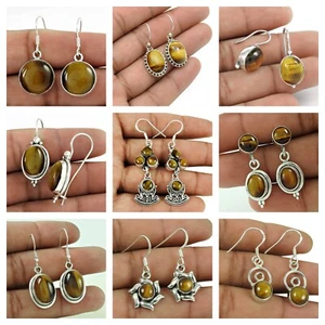 Natural Ojo Tigre Gema 925 Plata Elegante Handmade Pendientes Mujeres Joyería - Imagen 1 de 13