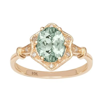 10k Yellow Gold Vintage Style Genuine Oval Green Amethyst and Diamond Halo Ring - Image 1 of 4