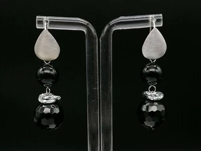 orecchini donna pendenti agata nera naturale argento bianco 925 fatti in Italia - Immagine 1 di 4