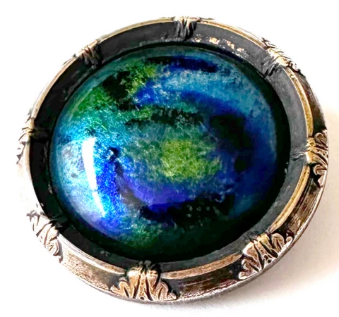 Large Well Made Blue & Green Celluloid In Metal Setting Antique Button 1&5/16" Cover