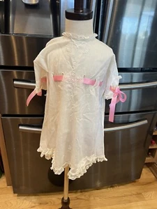 Antique Vtg 1930s Girls Child White Dress w/Pink Ribbons Embroidery - Picture 1 of 15