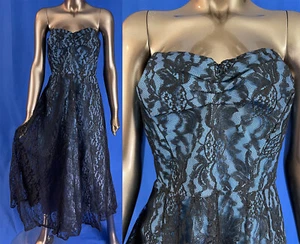 Vintage Strapless Black Chantilly Lace Blue Taffeta Bow Back Formal Party Dress - Picture 1 of 2