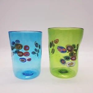 Pair Murano Millefiori Glass Blue Green Art Glass Abstract Tumbler Signed - Picture 1 of 18