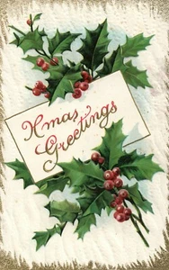 Gold Metallic Embossed Holly Christmas Greetings Postcard  - Picture 1 of 2