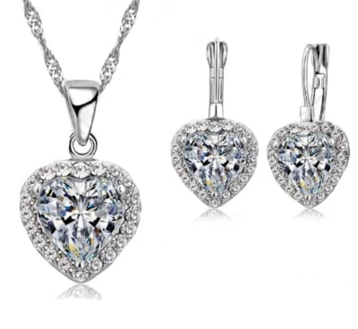 NEW PARURE SET DONNA COLLANA E ORECCHINI CUORE RODIATO ARGENTO 925 CON ZIRCONI - Immagine 1 di 3
