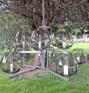 VTG SPACE AGE CHROME CHANDELIER 10 SMOKED GLASS GLOBES CEILING LIGHT FIXTURE - Picture 1 of 13