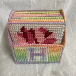 Vintage Cross Stitch Coasters (6) Floral Print Letter H on Holder - Picture 1 of 8