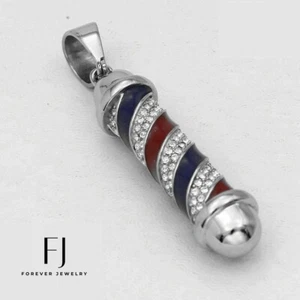 Silber Edelstahl. Friseurstange CZ rot blau 59mm Anhänger hochglanzpoliert*BOX - Bild 1 von 2