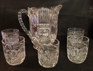 Vintage Early American Cut Glass Large Pitcher with Glasses Heavy Tea Water - Picture 1 of 12