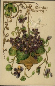 Postal de felicitación de cumpleaños vintage con flores y pájaro, hecha en Alemania - Imagen 1 de 2