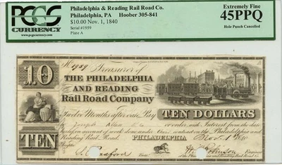 1840 $10 Pennsylvania Obsolete Note Philadelphia & Reading RR Co PCGS XF45 PPQ - Image 1 of 2